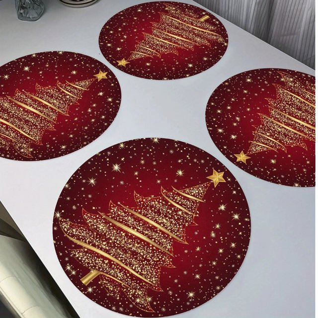 VIKAMA Weihnachtsmatte mit goldenem Weihnachtsbaum und Sternen, maschinenwaschbar, Farben: Gold und Rot - Bild 1