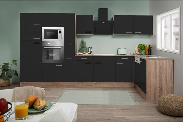 Respekta Winkelküche Eiche York in Schwarz mit Einbaugeräten und Mineralite Einbauspüle, Breite: 370 cm - Bild 1