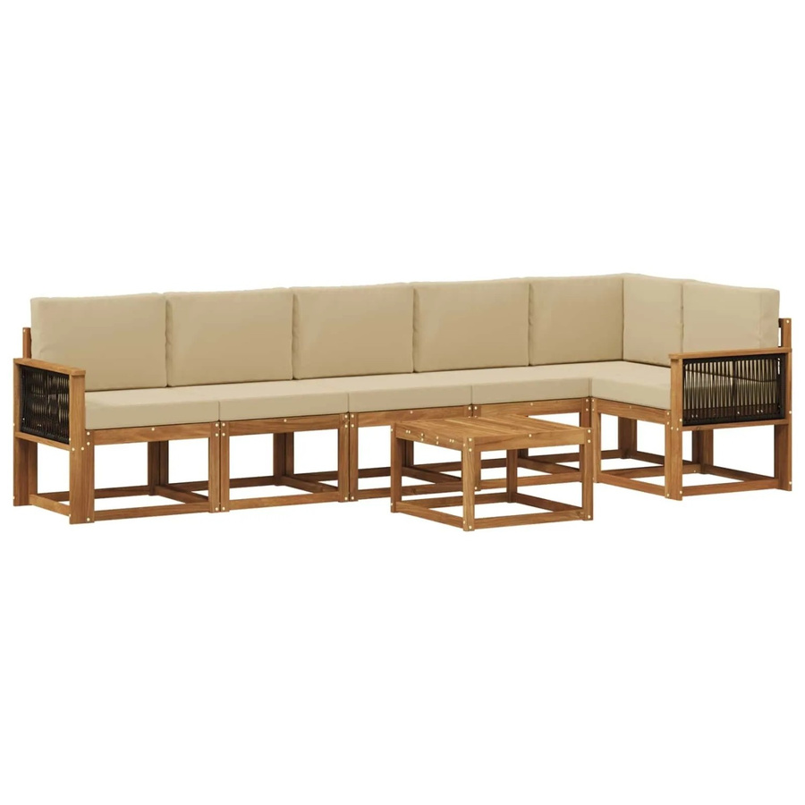 vidaXL Outdoor-Sofagarnitur L-Form aus Akazienholz mit 7 Kissen in Natur und Beige aus UV-beständigem Polyester - Bild 2