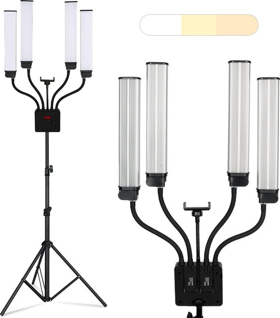 Dimmbare LED-Videoleuchte mit 80 W und vierarmigem Design, inkl. verstellbarem Stativ, Farbtemperatur 3000–6500 K, ideal für Make-up, Maniküre, Tattoo und Live-Streaming, Farbe: Weiß/Schwarz - Bild 1