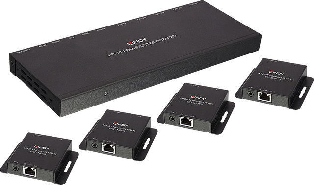 Lindy Cat.6 HDMI & IR Splitter Extender mit Loop Out, 4 Ports, Schwarz, bis zu 70 m Übertragungsdistanz - Bild 1