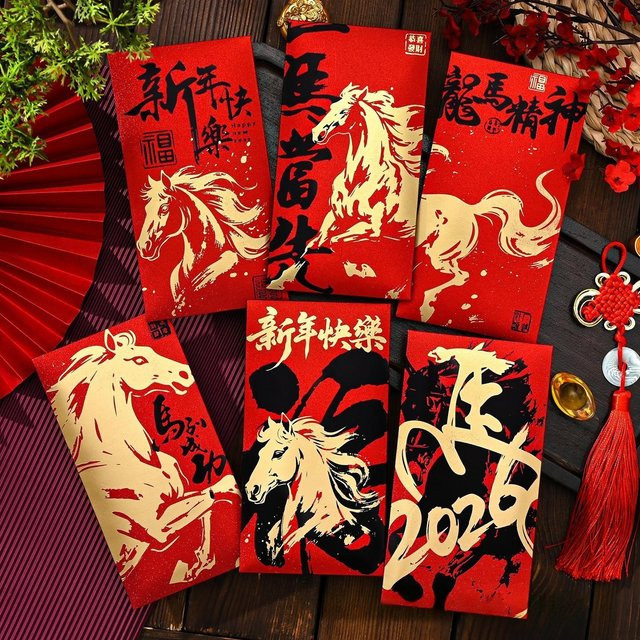 6 rote Umschläge für das chinesische Neujahr 2026 mit Mondgeprägtem Pferdedruck aus Papier - Bild 1