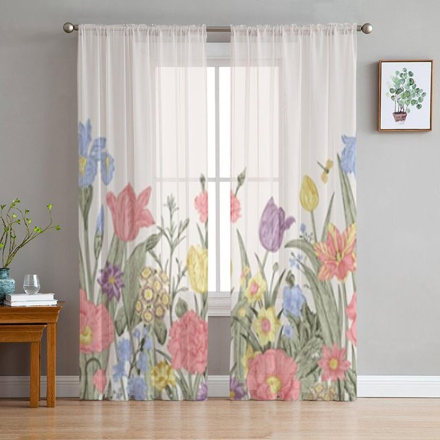 A Family Of Home Textiles Transparenter Voile Tüll Vorhang mit Blumenmuster in Weiß, Breite: 135 cm, Höhe: 114 cm - Bild 1
