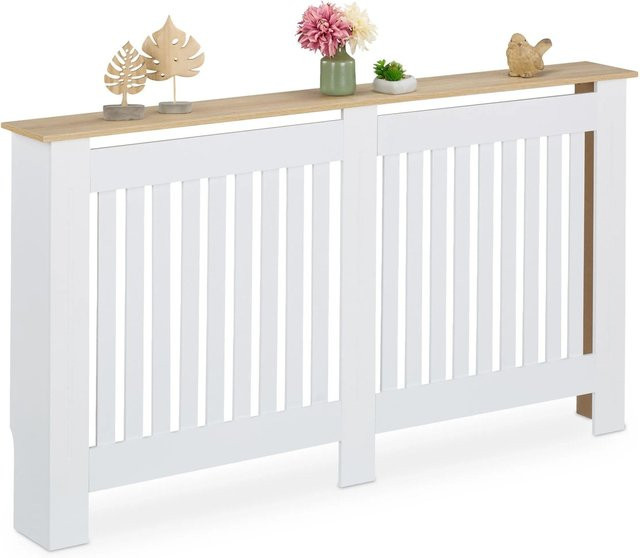 Relaxdays Heizkörperverkleidung aus MDF in Weiß mit Holzoptikablage und Lamellendesign, B/T/H: 152 x 19 x 83 cm - Bild 1