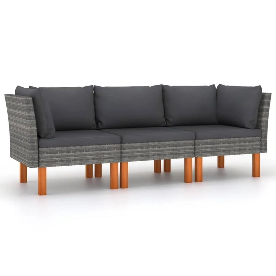 vidaXL 3-Sitzer-Gartensofa aus Poly Rattan und Eukalyptusholz in Grau mit Polsterkissen - Bild 2