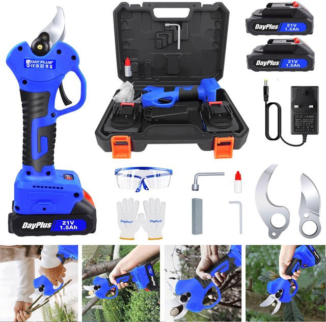 Professionelle bürstenlose Akku-Gartenschere in Blau mit 2 Lithium-Batterien zum Schneiden und Trimmen von Ästen in Obstgärten und Weinbergen - Bild 1