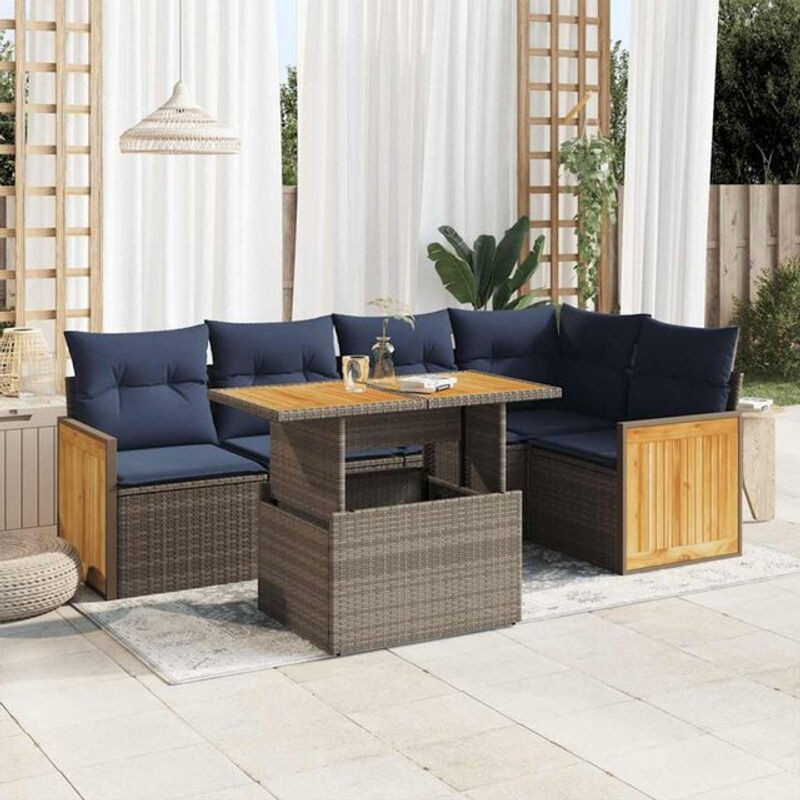 6-teilige moderne Garten-Sofagarnitur aus Poly-Rattan und Akazienholz mit Kissen in Grau von vidaxl - Bild 1