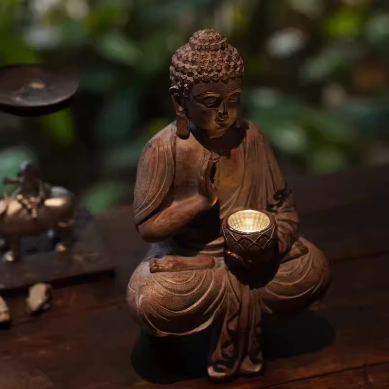 Solar Buddha Statue Lampe in Braun mit warmweißem Licht zur Dekoration für Garten, Wohnzimmer und Büro - Bild 2