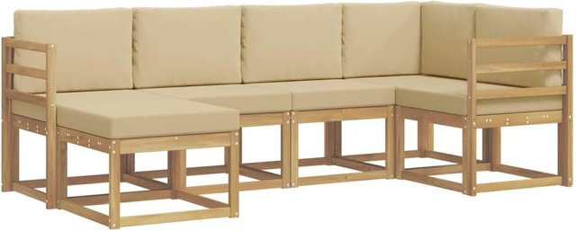 vidaXL Outdoor-Sofagarnitur 6-teilig in L-Form mit Kissen aus Acacia-Holz und UV-beständigem Polyester in Weiß und Beige - Bild 1