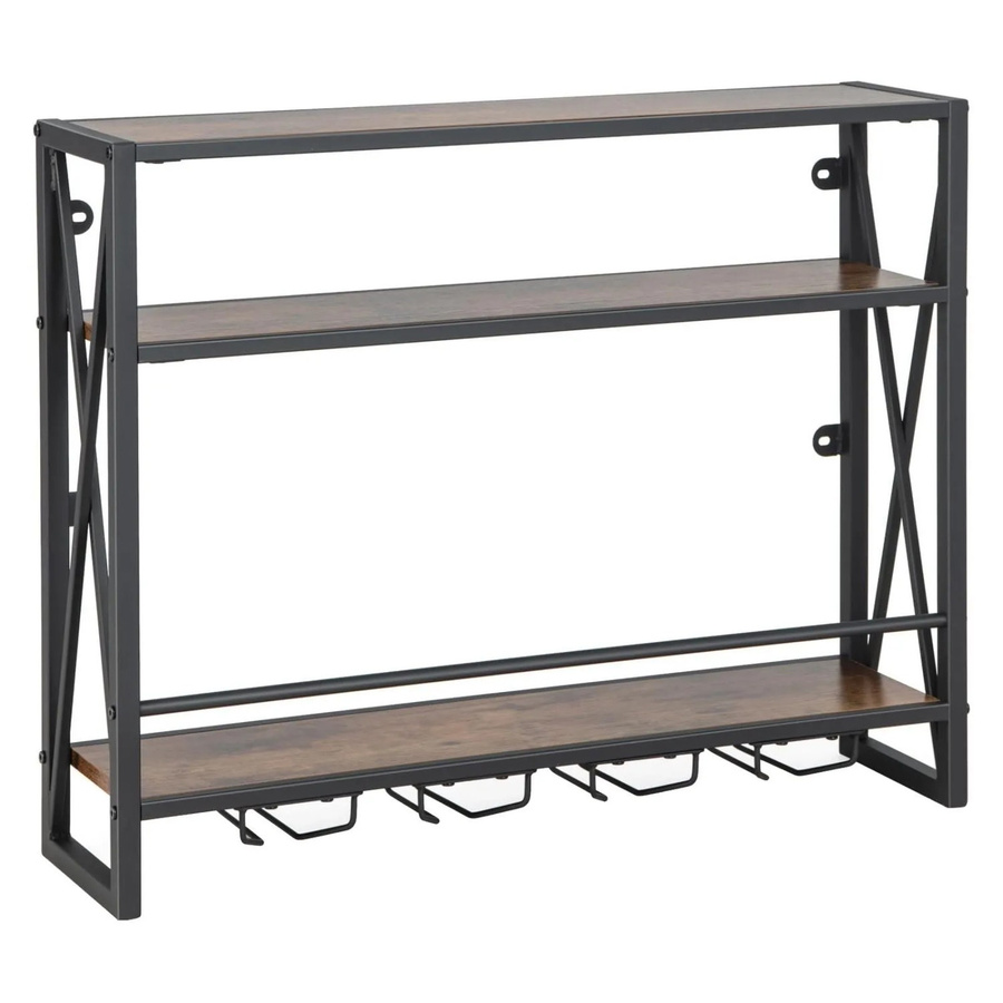 Costway Weinregal Wandmontage im Industrial Design aus Holz und Metall, 3 Ebenen, Braun, B/T/H: 80,0 x 20,0 x 63,0 cm - Bild 2