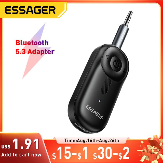 Essager Bluetooth 5.3 Adapter mit 3,5 mm AUX-Buchse für Audio-Musikempfang an Autolautsprechern, Headsets, Tablets und Laptops, Schwarz - Bild 1