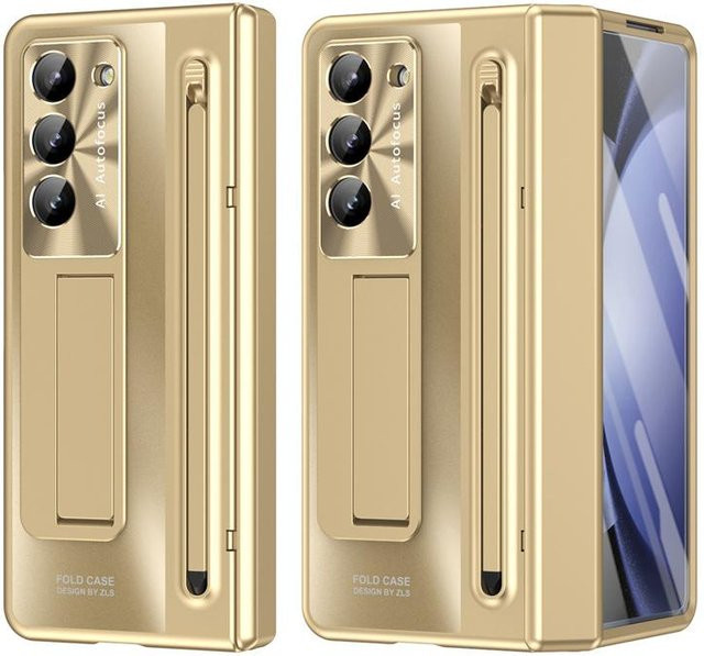 Samsung Galaxy Z Fold 7 6 5 4 3 360 Grad Vollschutz Handyhülle mit gehärteter Glasfolie, Touch-Stift und faltbarem Halter in Gold - Bild 1