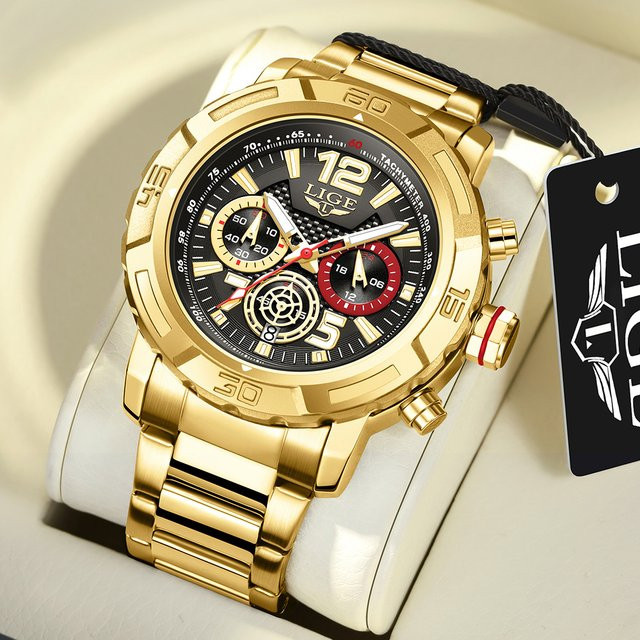 LIGE Armbanduhr, Quarz, Edelstahl, Schwarz, Gold, Herren - Bild 1