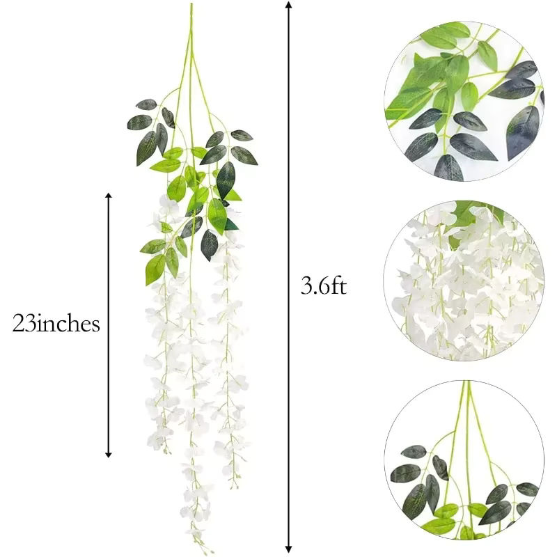 Künstliche Glyzinien-Blumen in Weiß als hängende Seiden-Girlande aus Rattan und Textil für deine Dekoration bei Hochzeiten oder zu Hause, Länge: 220 cm - Bild 2