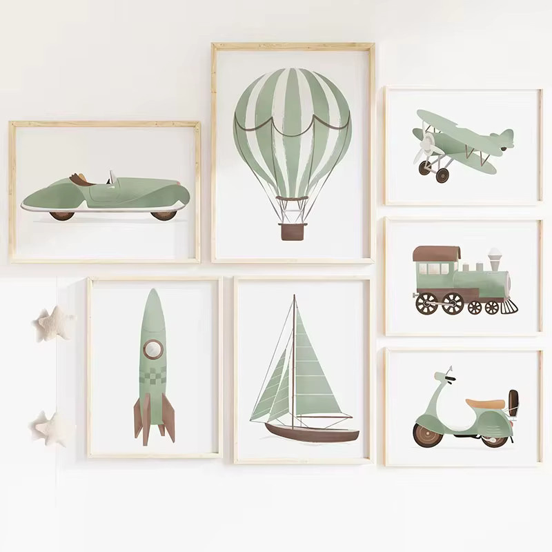 Rahmenloses Leinwandbild von Potdemiel mit nordischen Cartoon-Motiven wie Segelboot, Rakete und Flugzeug in Mehrfarbig - Bild 2