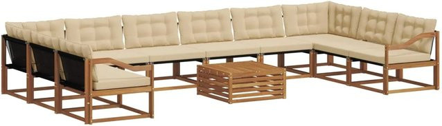 vidaXL Outdoor-Sofagarnitur aus Akazienholz in U-Form mit Textilene und Kissen, 11-teilig, Natur-Beige - Bild 1