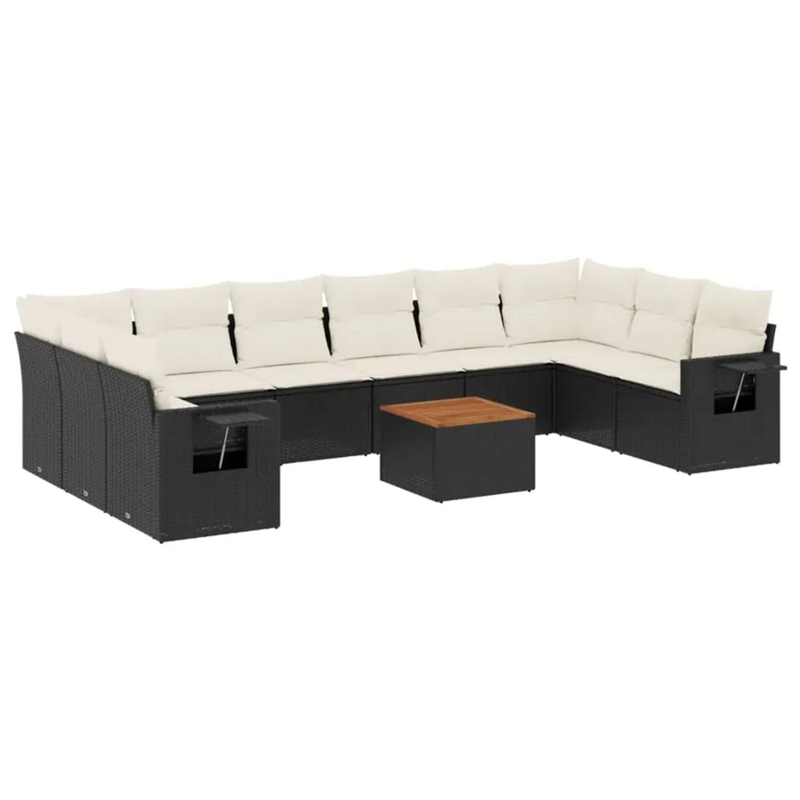 vidaXL 11-teilige Garten-Sofagarnitur aus Poly-Rattan und Akazienholz in Schwarz-Creme mit Kissen - Bild 2