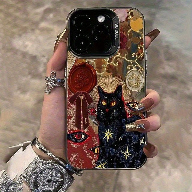 Galvanisierte TPU-Handyhülle mit Vintage-Schwarzen Katzenmuster für iPhone 17 Pro Max, 16, 15, 14, 13, 12, 11, Xs, Xr, X, 7, 8, Mini, Plus, Pro, Max, SE in Schwarz und Multicolour - Bild 1