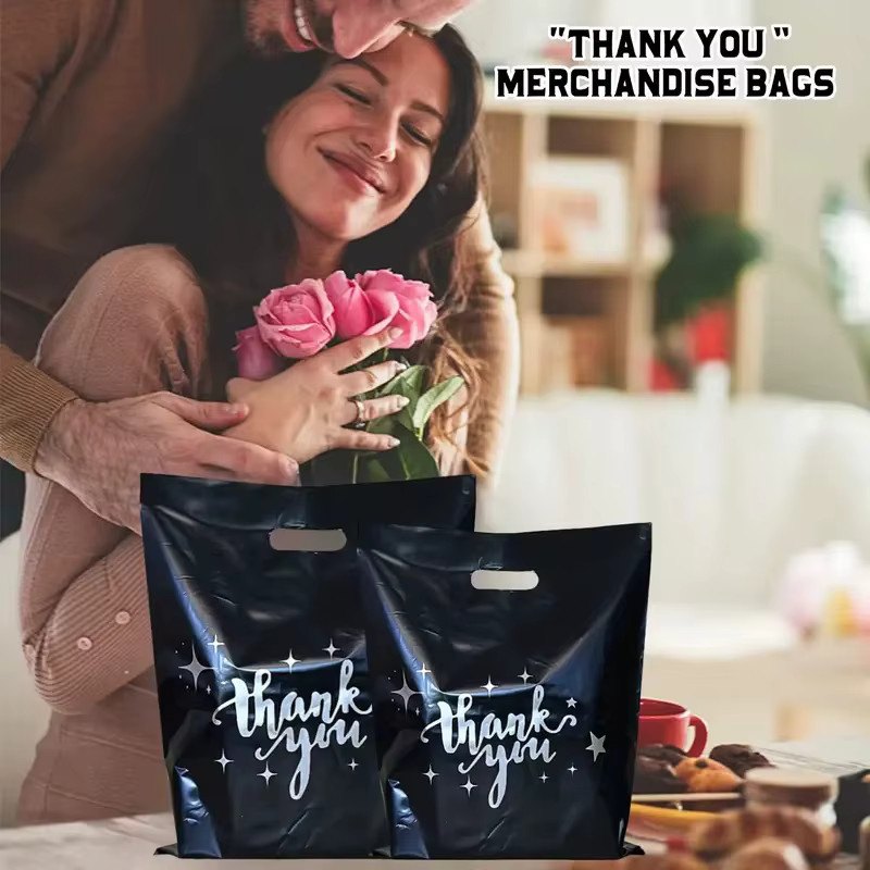 Verstärkte Kunststoff-Geschenktüten in Perlglanz-Optik, Schwarz, Set mit verschiedenen Größen für Hochzeiten und Geburtstage - Bild 3