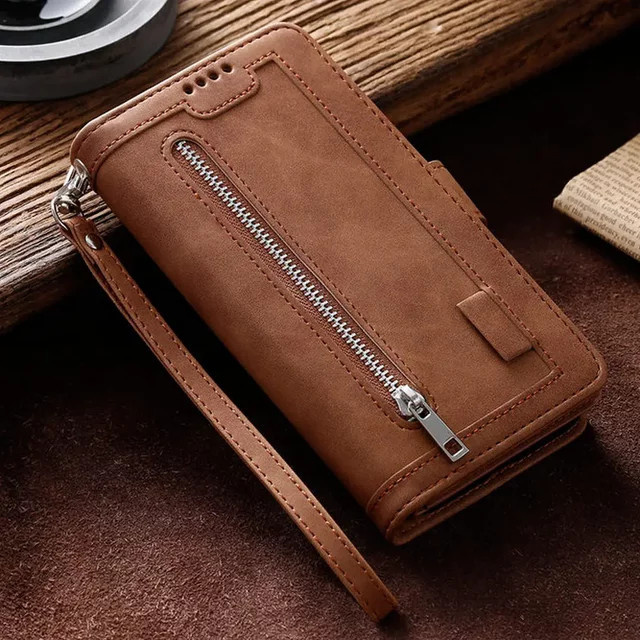 Luxus Lederbrieftasche Flip-Hülle für Xiaomi 15T 17T Pro 5G und Poco X7 M8 X8 Pro Max mit 9 Kartenfächern und Reißverschluss in Braun - Bild 1