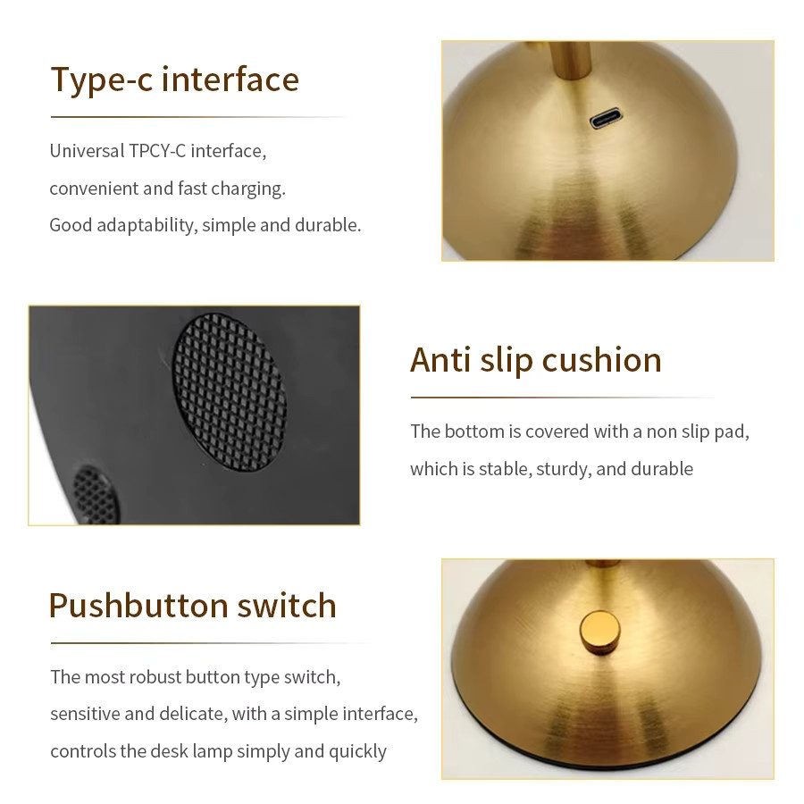 Ammtoo LED-Tischlampe aus Metall in Gold/Messing, kabellose Nachttischlampe mit Touch-Dimmung und 3-farbiger RGB-Beleuchtung, wiederaufladbare Akku-Leuchte für Schlafzimmer und Hotel - Bild 3