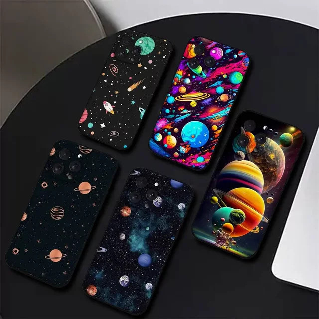 Schwarze Silikon Handyhülle mit Cartoon-Planeten-Design für iPhone Modelle (iPhone 17 bis iPhone 7/8) - Bild 1