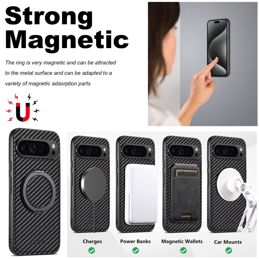SUTENI Kunstleder Handyhülle mit Magnet und 360 Grad drehbarem Ständer sowie Ringschnalle für Google Pixel 10 Pro XL 9 8a 7 6 in Schwarz - Bild 6