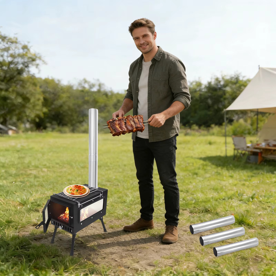 Bymaocar Tragbarer Camping-Zeltofen aus Edelstahl mit Kaminrohren für Outdoor-Heizung und Kochen, Schwarz/Silber, B/T/H: 53,0 x 40,0 x 34,5 cm - Bild 3