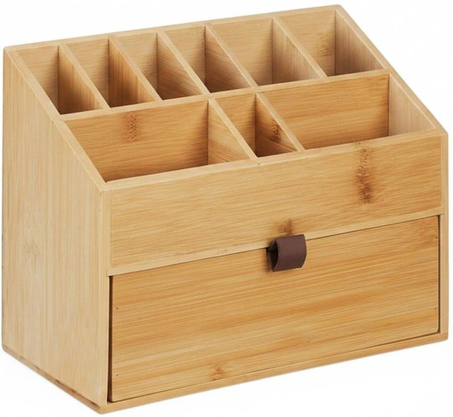 Relaxdays Kosmetik Organizer aus Bambus in Natur Dunkelbraun mit 9 Fächern und Schublade, B: 25,5 cm, T: 19 cm, H: 12,5 cm - Bild 1