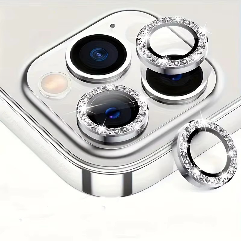 Diamant Metall Glas Kamera Objektiv Schutz für iPhone 15 Pro und iPhone 15 Pro Max, 3-teiliges Set, Silber/Weiß - Bild 3