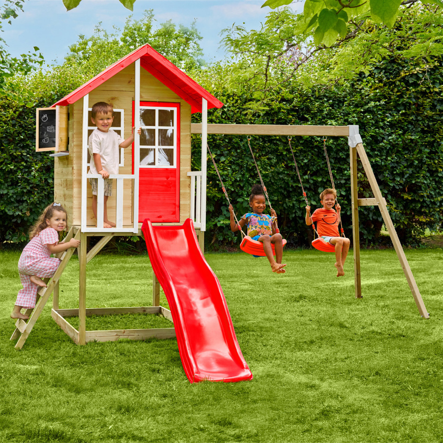 Zwerkules Holzspielhaus Lolla 3 mit Rutsche und Doppelschaukel, natur/rot, B/T/H: 370 x 352 x 224 cm - Bild 2