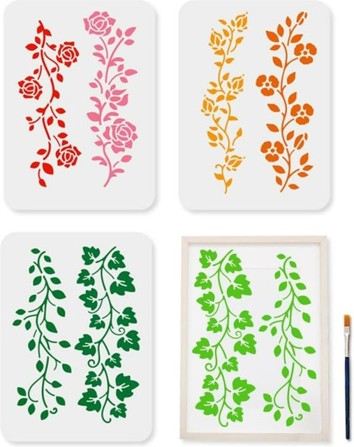 3-teiliges Schablonen-Set mit Weinreben-Blättern und botanischen Zweigen in Mehrfarbig, inklusive Pinsel für Stoff und Fotoalben, Material: Kunststoff, Breite: 11,7 cm, Höhe: 8,3 cm - Bild 1