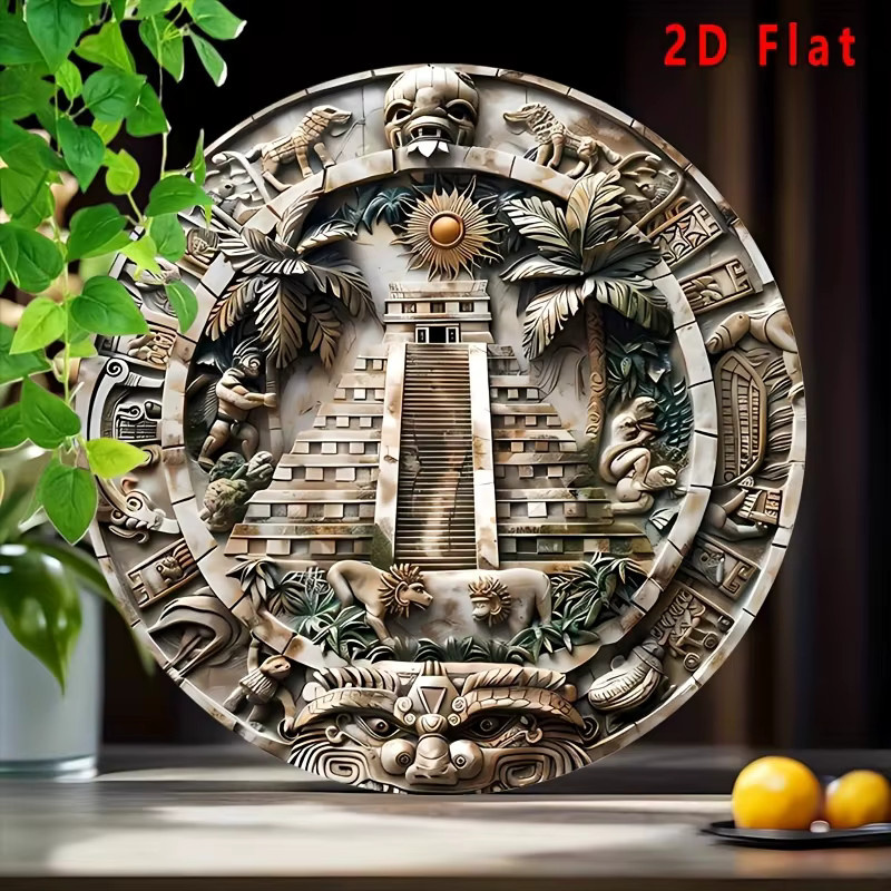 Potdemiel Aztekische Aluminium-Wandkunst Maya-Kalender mit Dschungelmotiven und Pyramide, Durchmesser: 20,32 cm - Bild 4