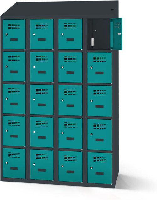 rotstahl Fächerschrank mit 20 Fächern und Ladefunktion, Korpus Anthrazit, Front Türkis, B: 120 cm, H: 200 cm - Bild 1