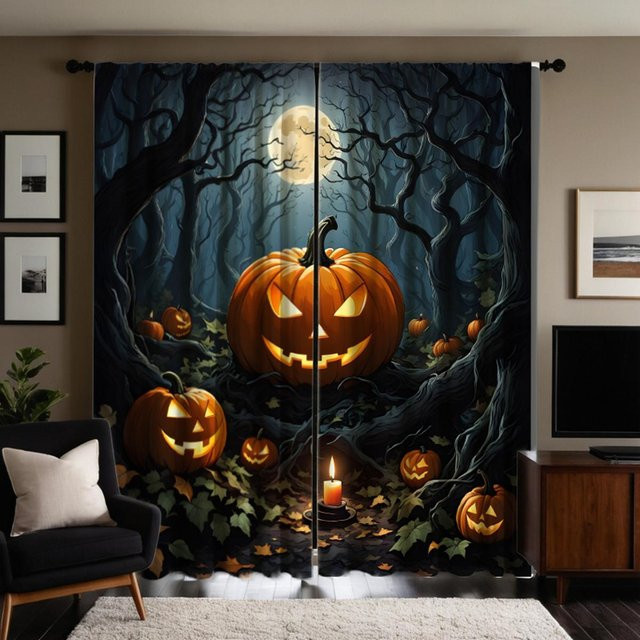 2er-Set Halloween Vorhang mit digitalem Print, Dunkle Nacht, Mond und Kürbis-Motiv, Schwarz, B: 132 cm, H: 160 cm - Bild 1