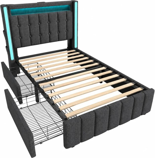 okwish Jugendbett Grau mit USB-Anschluss, LED-Beleuchtung und Schubladen, B/T/H: 90 x 200 x 104 cm - Bild 1