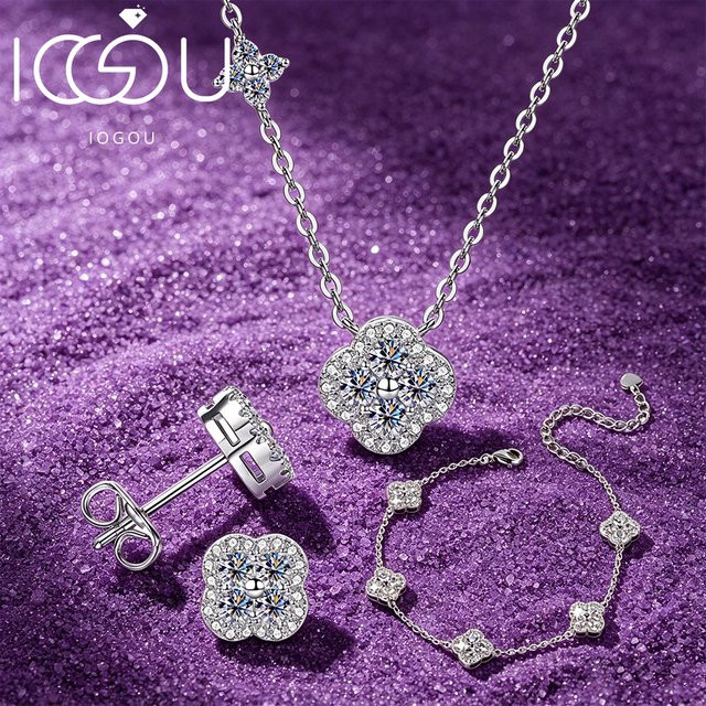 IOGOU Schmuckset Kleeblatt, Moissanit, 14 Karat vergoldet, Damen - Bild 1