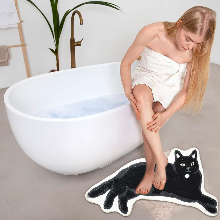 VIKAMA Rutschfester Teppich mit schwarzem Katzen-Design in Wolleoptik für Badezimmer, Küche oder Wohnzimmer, Farbe: Schwarz - Bild 3