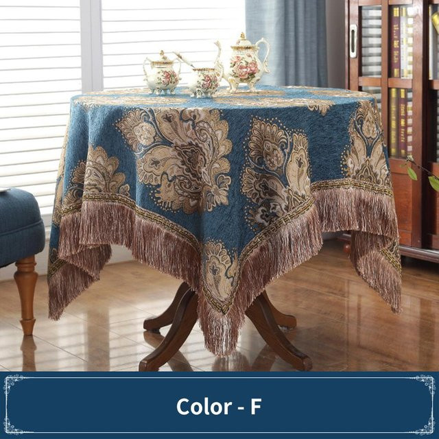 BC-Warm Home Retro-Esstischdecke aus Jacquard-Stoff mit floralem Muster und Quasten in Blau, B/T: 90 x 140 cm - Bild 1