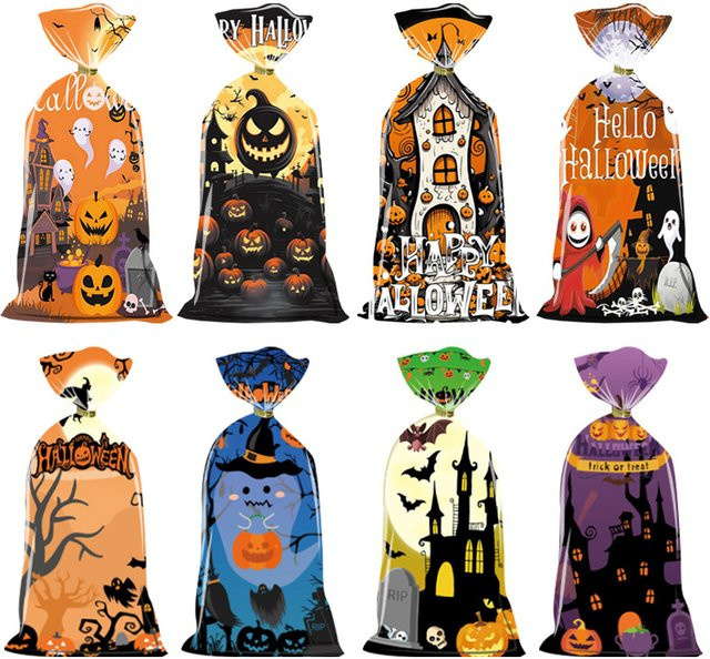 50 Stück Halloween Süßigkeitenbeutel mit Geister- und Kürbisdesign aus Kunststoff für Party-Dekorationen und Goodie-Geschenktüten - Bild 1