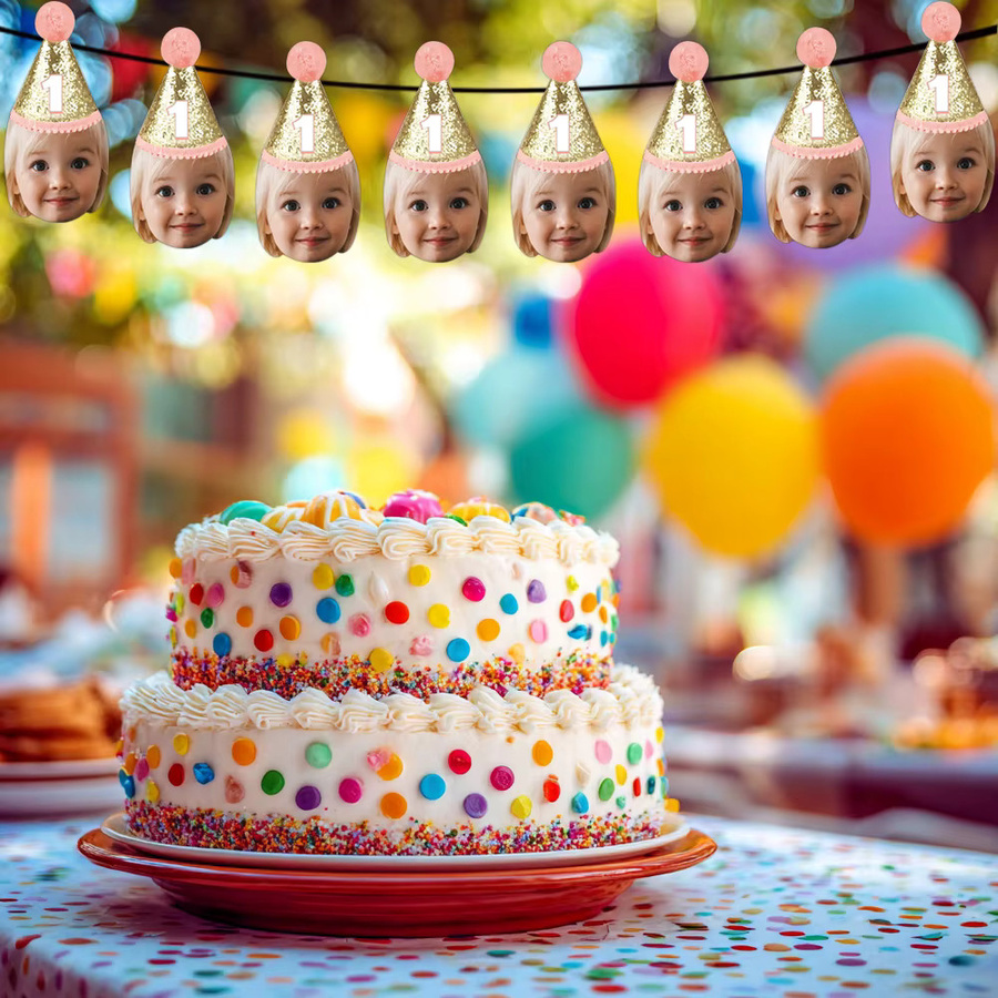 WEIGAO Personalisierte Geburtstagsparty Dekoration mit Foto für Kinder, Set aus Hut, Banner, Cupcake Topper, Aufklebern und Strohhalmen - Bild 3