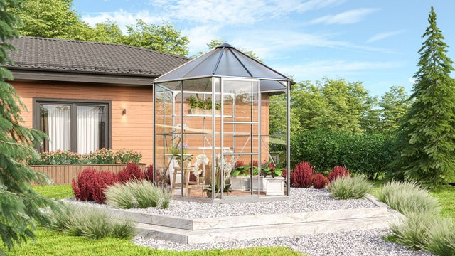 Vitavia Gewächshaus-Pavillon Juno 4500 in Silber mit Stahlfundament, Schiebetür und Lamellenfenster, Aluminium eloxiert, 4,5 m² - Bild 1