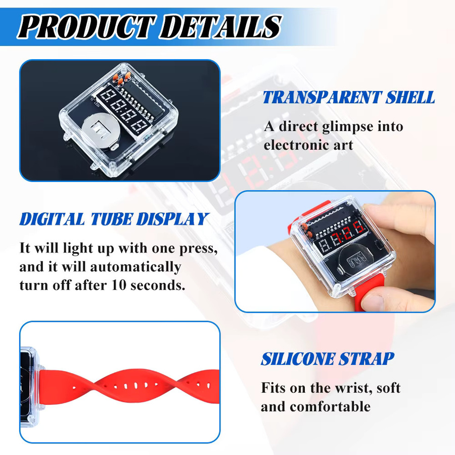 UICPAL DIY Elektronisches Uhren-Set mit LED-Digitalröhrenanzeige in Rosa, Transparentes Gehäuse, 3 V Lötprojekt-Kit - Bild 5
