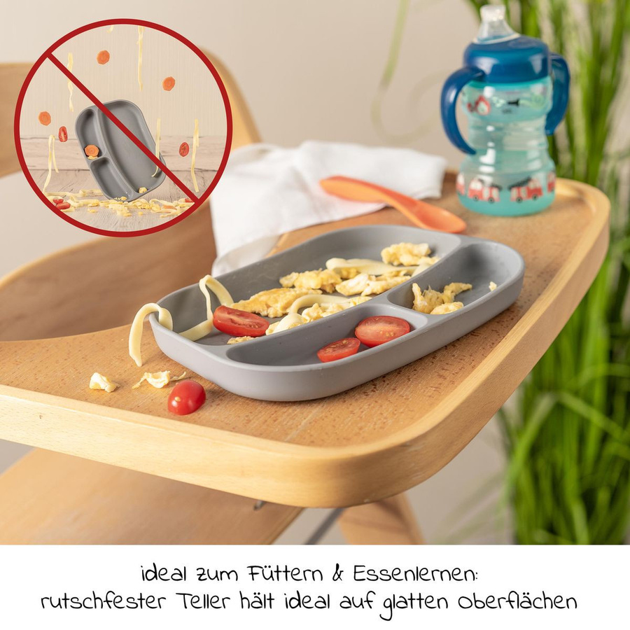 MiaMia 7-tlg. Ess-Set aus Silikon mit 5 Klettlätzchen und 2 Esslern-Tellern in Grün/Grau, BPA-frei und wiederverwendbar - Bild 5