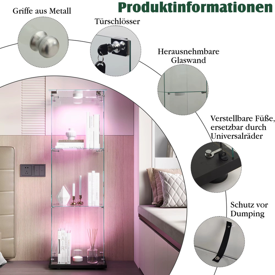 Superaly Glas-Vitrine mit 3 Schichten und LED-Beleuchtung, freistehender Ausstellungsschrank mit 1 Tür und Schloss in Schwarz Matt - Bild 3