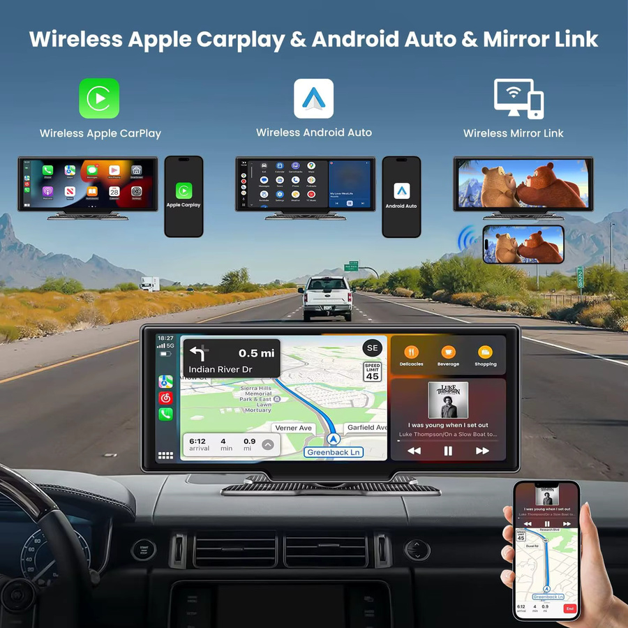 srnubi Kabelloser CarPlay Bildschirm für das Auto mit 4K Dash Cam, 5G WiFi, Android Auto, Dual Lens und GPS-Navigation, Schwarz, 7/10,26 Zoll - Bild 2