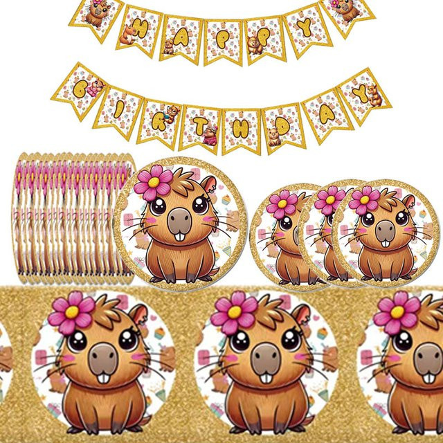 Potdemiel Capybara Geburtstagsdekoration Set in Multicolour mit Tischdecke, Pappbechern, Tellern und Ballons für Mädchen und Babypartys - Bild 1