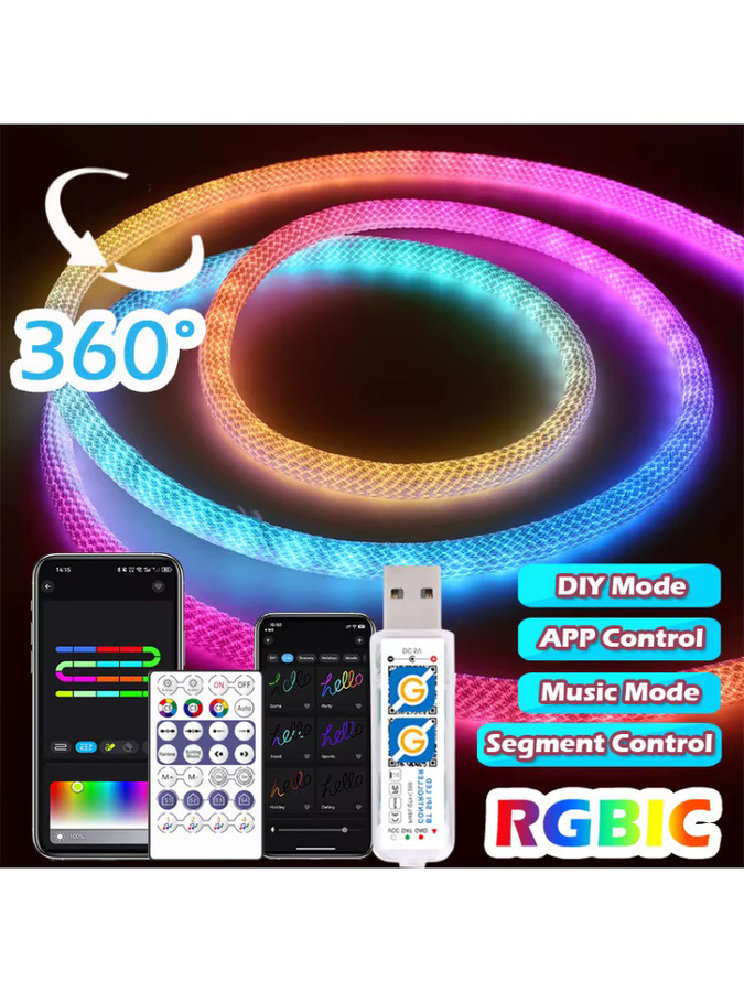 Acosh RGBIC Neon LED-Streifen USB WS2812B Multicolour mit rundem Nylonseil, 60 LEDs/m, 360 Grad omnidirektional, flexibel und schneidbar - Bild 7