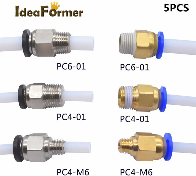 IdeaFormer 5er Set Gerade pneumatische Push-Anschlüsse PC4-01 PC6-01 PC4-M6 in Blau und Silber für PTFE-Schläuche 2/4 mm und Filament 1,75/3,0 mm - Bild 1