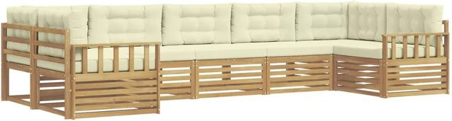 vidaXL Outdoor-Sofagarnitur aus Akazienholz in L-Form, 7-teilig, Weiß und Beige mit Kissen - Bild 1